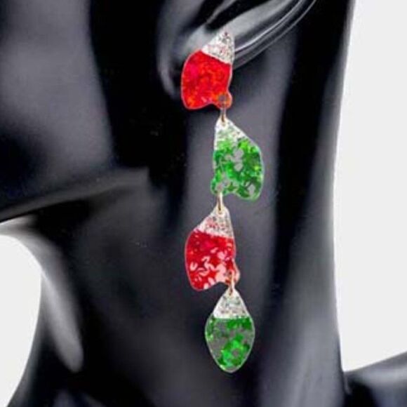 Christmas Ornament Bulb Red Green Resin Dangle Earrings - Picture 2 of 5